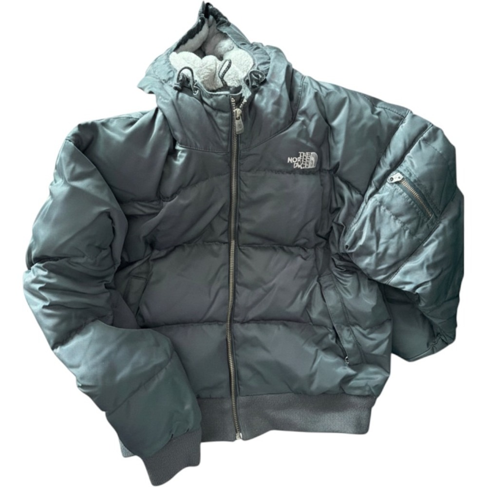 The North Face Womens Cropped Puffer Jacket Fleece Hood Twilight Grey Small Y2K